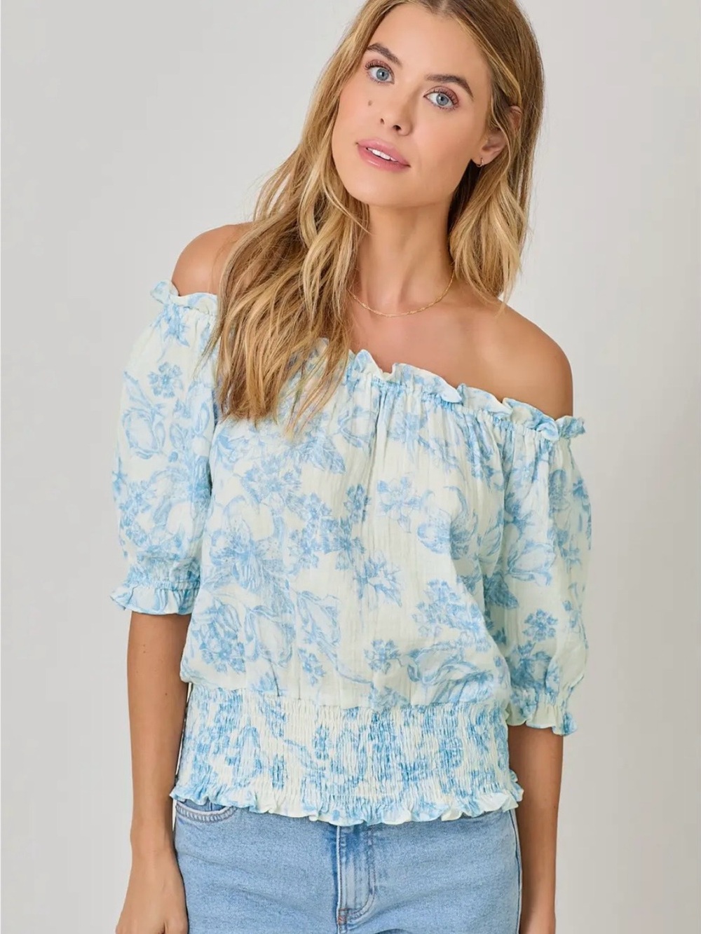 Off-Shoulder Blue Floral Smocked Waist Top